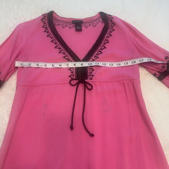 Moda International Embroidered Pink Long Sleeve Dress with Brown Trim Size M - Picture 10 of 15